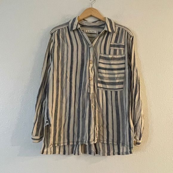 Free People Summer Breeze Stripe Popover Shirt S Small Linen Blend Long Sleeve - Picture 6 of 12